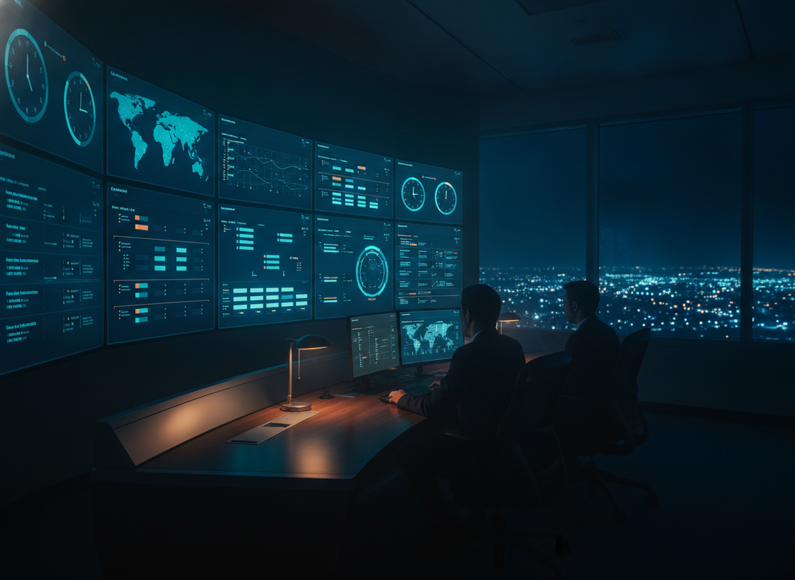 Centro de coordinación de CERAD operando de noche, con tableros de seguimiento del flujo de estudios